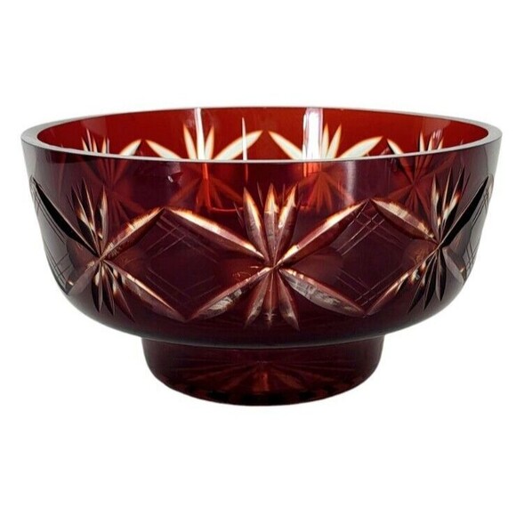 VTG Faberge Ruby Red To Clear Diamond Cut Crystal Starburst Atomic Pedestal Bowl - Picture 7 of 13